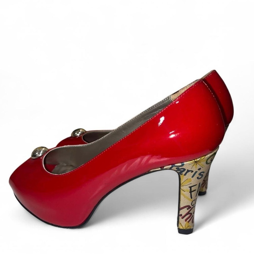 Brighton Wallis Red Patent Peep-Toe Pumps with Decorative Printed Heel